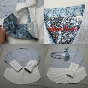 Robert Graham Shirt Men XL White Blue Textured Flip Cuff Hybrid Vybrant Seersuck